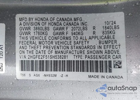 2025 Honda Civic Sport from USA, damaged, VIN 2HGFE2F51SH538281